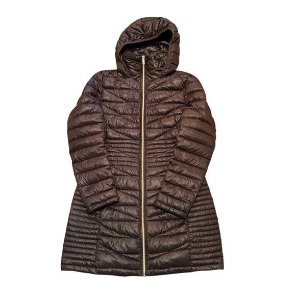 Calvin Klein Chocolate Brown Down Coat M Hooded Packable Puffer Quiet Luxury - Picture 2 of 13